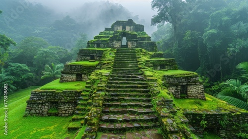 Moss-covered ruins of an ancient temple in the jungle. © AIExplosion
