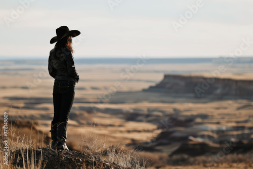 Young girl in cowboy attire gazing at vast plains from a hilltop at dusk