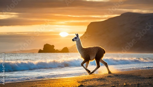 A small llama running along the sea during a beautiful sunset with hills visible in the background