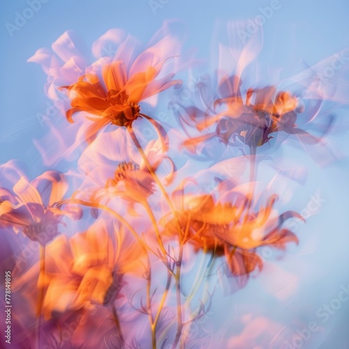 Vibrant Orange Flowers Blooming in a Field Under a Clear Blue Sky  Abstract Nature Background