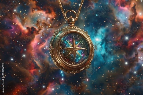 An antique compass floating in a cosmic nebula, bold colors, stars shimmering, photorealistic image  ,3DCG,high resulution,clean sharp focus photo