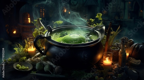 Moonlit witch s cauldron with eerie ingredients and spells
