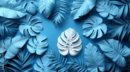 a paper cutout of a leaf surrounded by blue leaves on a blue background with a white paper cutout of a leaf.