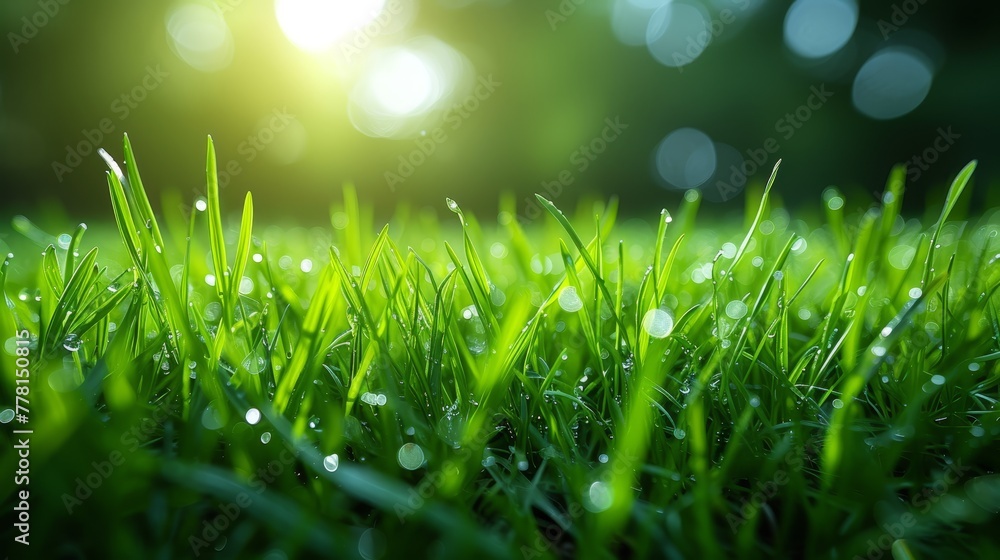 a close up of a grass field with dew drops on the grass and the sun shining through the trees in the background.