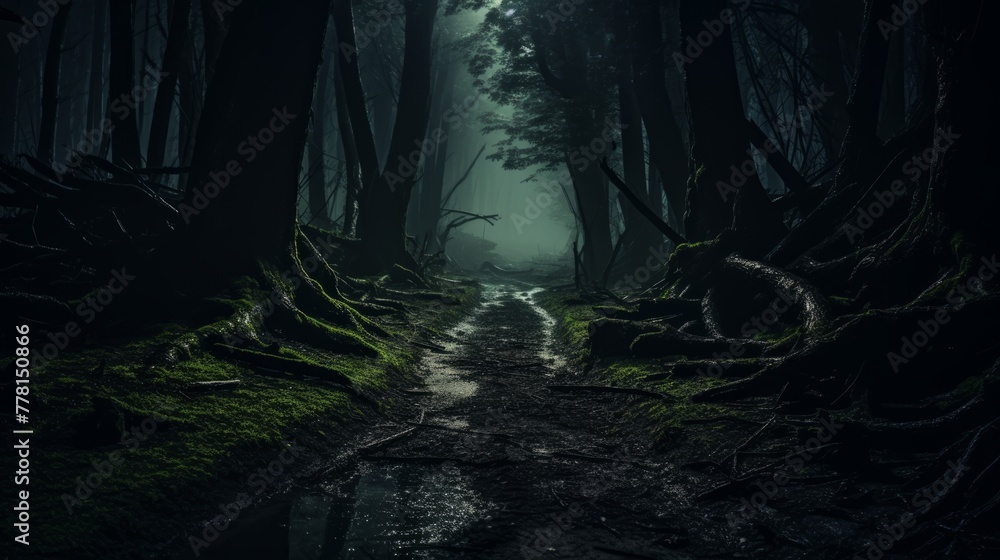 Spooky trail through a haunted woods with glowing eyes - obrazy, fototapety, plakaty 
