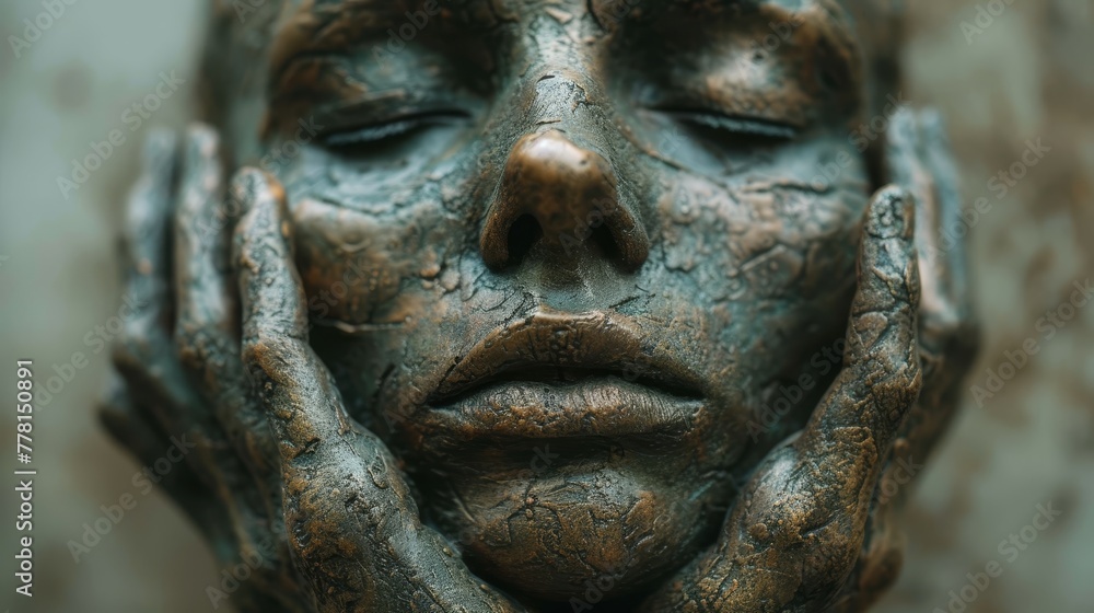 a close up of a statue of a woman's face with her hands resting her face on her face. a close up of a statue of a woman's face with her hands resting her face on her face.