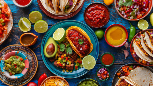 traditional Mexican dishes, tacos, enchiladas, guacamole and salsa on colorful plates with colorful side dishes highlighting the rich flavors and spices of Mexican cuisine photo