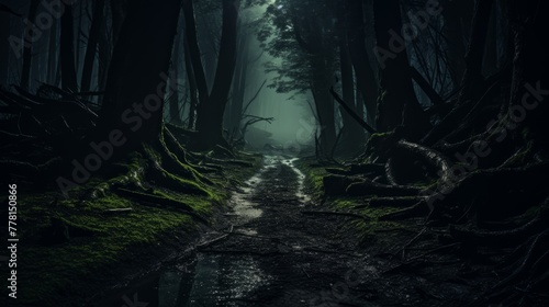 Spooky trail through a haunted woods with glowing eyes
