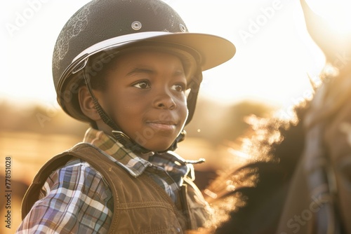 Young African American boy dressed as a cowboy during golden hour © gankevstock