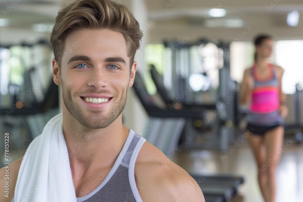 Man in Towel Standing Next to Woman in Gym