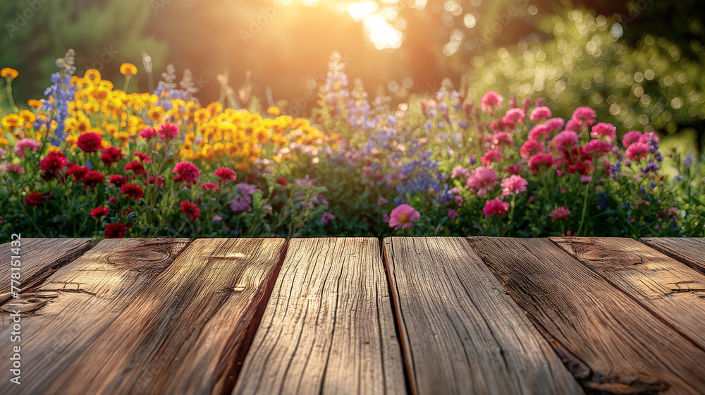 summer soft background with flowers and wooden table for product presentation summer soft background with flowers and wooden table for product presentation