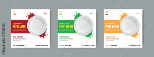 Fast food restaurant social media post or web banner template design.vector illustration with plate. Healthy burger and pizza online sale promotion flyer or poster.