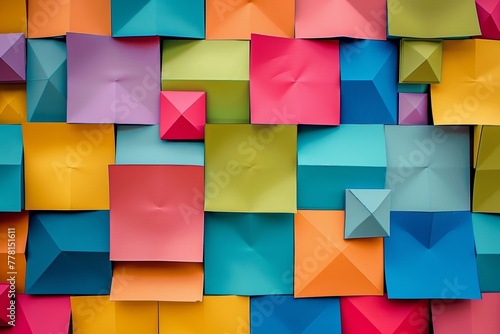 Colorful paper squares arranged in a geometric pattern featuring various colors like red, blue, green, yellow, pink, orange, purple