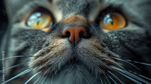 a close up of a cat's face with yellow eyes and whiskers on it's nose.