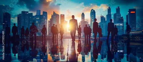 Back view group of business people executive standing in modern big city looking and dreaming of future business success business mission ambition and vision concept photo