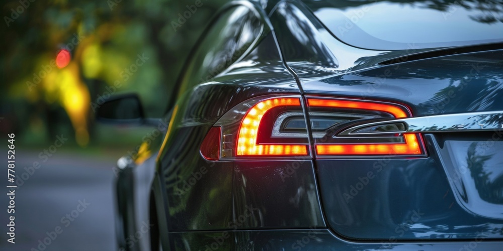 A detailed view showing the right rear tail lights of an electric car against a spring background A detailed view showing the right rear tail lights of an electric car against a spring background