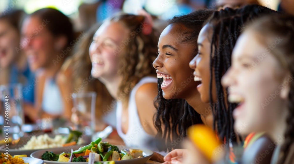 A group of schoolgirls, sitting at a table filled with plates of food, enjoying lunchtime and sharing laughter A group of schoolgirls, sitting at a table filled with plates of food, enjoying lunchtime and sharing laughter