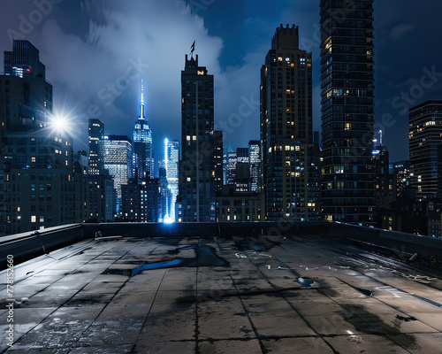 Superhero city rooftop at night, spotlighting a space for heroic birthday messages photo