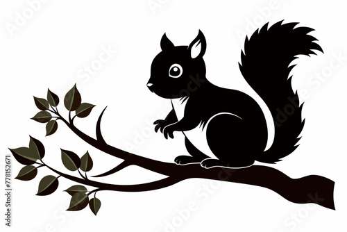 Baby squirrel sitting on a tree branch silhouette black vector illustration