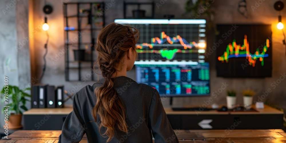 A woman is standing in front of a computer screen, actively engaged in trading stocks
