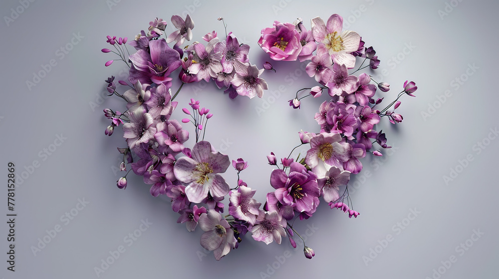 Delicate flowers arranged in a heart shape, 3D render, symbolizing love and nature Delicate flowers arranged in a heart shape, 3D render, symbolizing love and nature