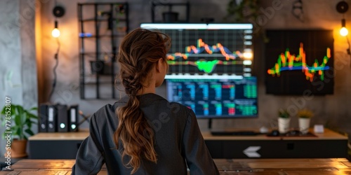 A woman is standing in front of a computer screen, actively engaged in trading stocks