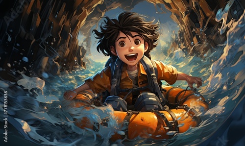Boy on Raft in Cave