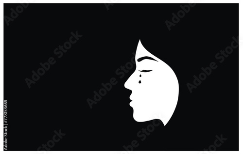 Silhouette of crying woman face on black background. Sadness and depression, broken heart feeling and stop violence against woman concept