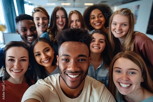 Multicultural happy people taking group selfie portrait in the office, diverse people celebrating together, Happy lifestyle and teamwork concept. For Design, Background, Cover, Poster, Banner, PPT, KV © horizon