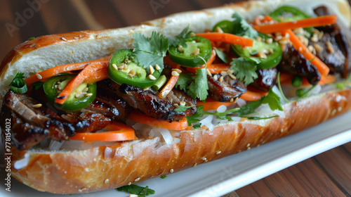 Traditional vietnamese banh mi with grilled pork, pickled vegetables, and fresh cilantro
