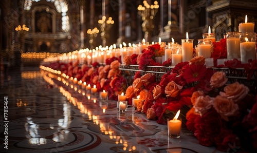 Row of Candles and Flowers With Background Candles photo