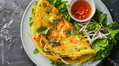 Savory vietnamese bánh xèo pancake with dipping sauce photo