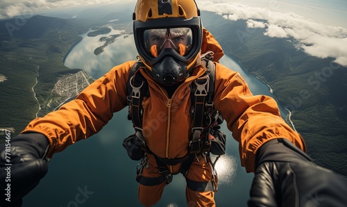 Man Skydiving in Orange Jacket and Black Helmet