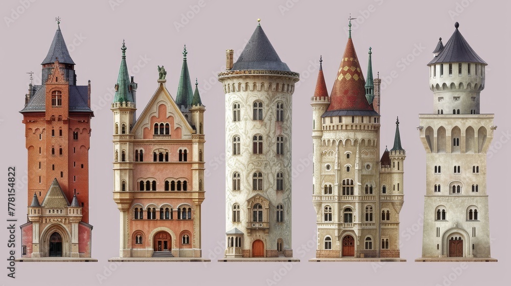 Naklejka premium a group of tall buildings sitting next to each other on top of a white surface in front of a pink background.