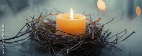 candle in a nest of branches with fog.