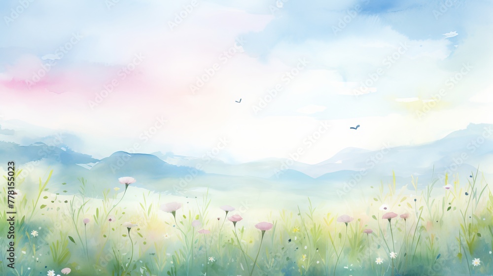 Artistic watercolor strokes creating a peaceful meadow
