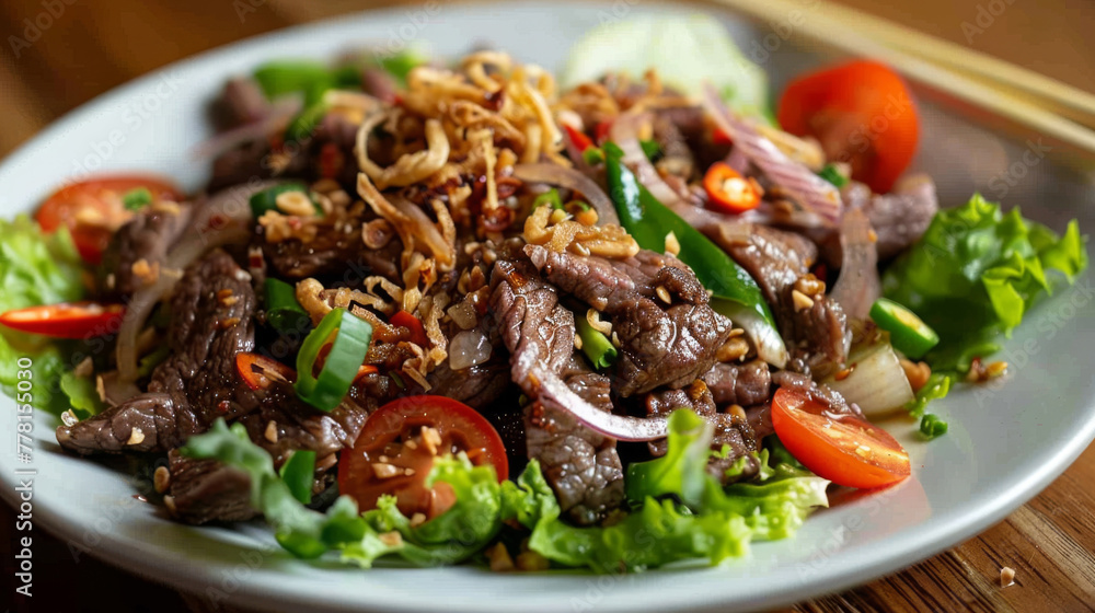 Savory vietnamese beef salad with fresh vegetables and herbs Savory vietnamese beef salad with fresh vegetables and herbs