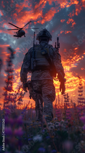 Soldier's Surreal Homecoming. A soldier walks through flowers at twilight. Milky Way above, helicopter in distance. end of war, peace concept.