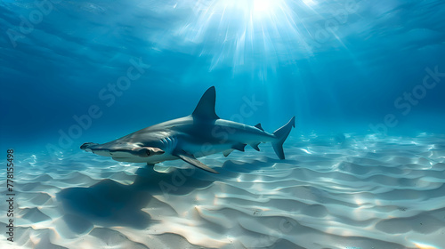 Elegant hammerhead shark gracefully navigating a sun-drenched underwater world, with shafts of light creating ethereal patterns on the sandy ocean floor