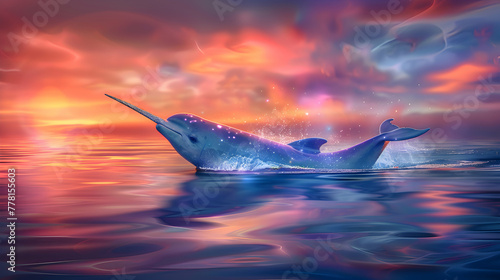 Elegant narwhal gracefully breaching the surface of the ocean, with a mesmerizing array of colors painting the blurred sky as the backdrop photo