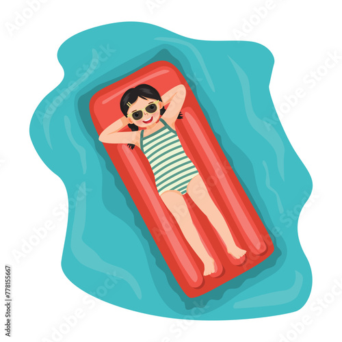 Cute little girl in swimsuit sunbathing having fun lying on inflatable mattress