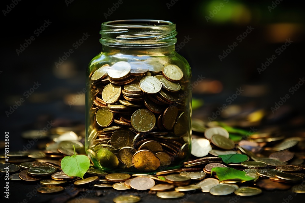 Glass jar full of mixed coins surrounded by scattered money and green leaves on a dark surface Glass jar full of mixed coins surrounded by scattered money and green leaves on a dark surface