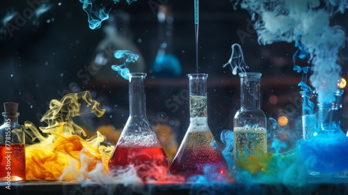 Laboratory glassware with colorful liquid on dark background. Science research and development concept photo
