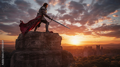 Greek warrior gladiator with sword and stands on the top of a fort ready to war photo