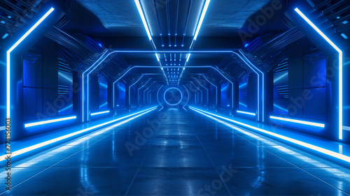 Cyber Futuristic Neon Laser Blue VIbrant Line Lights On Alien Modern Hall Stage Podium Tunnel Corridor Metal Concrete Made Garage 3D Rendering