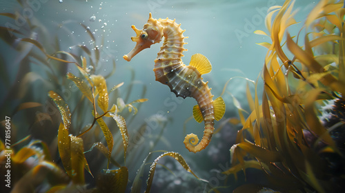Enchanting seahorse poised elegantly against a backdrop of swaying sea plants, creating a serene underwater scene