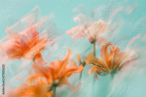 Abstract composition of orange flowers in a vase against a blue backdrop with blurry water reflections