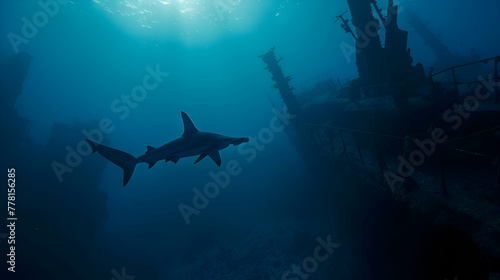 Enigmatic hammerhead shark gliding silently through an azure abyss, with the distant silhouette of a shipwreck lending an air of mystery to the scene