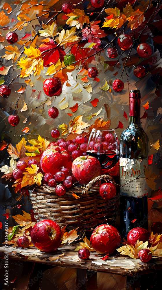 Still life with a bottle of red wine, apples and autumn leaves. Oil painting.