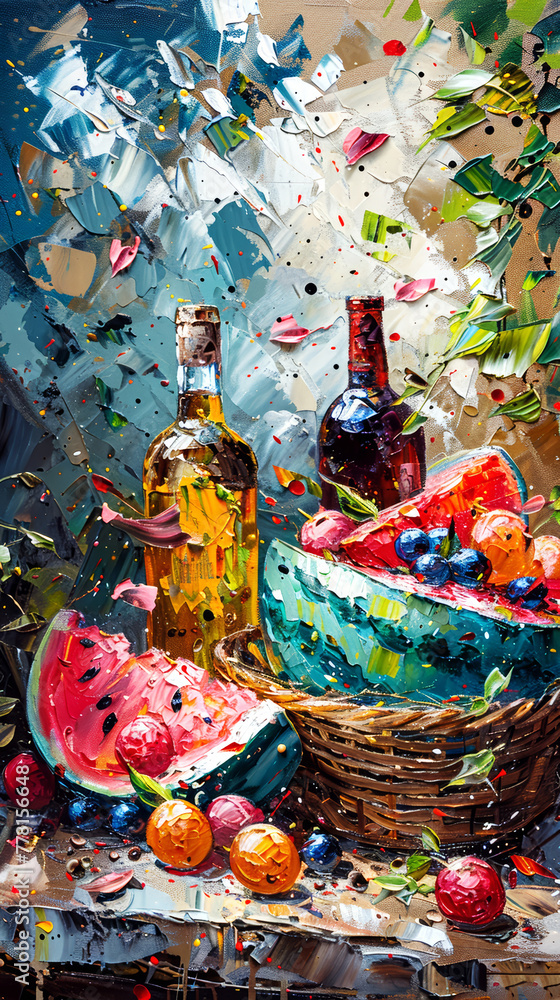 Still life with watermelon and wine in the basket. Oil painting.